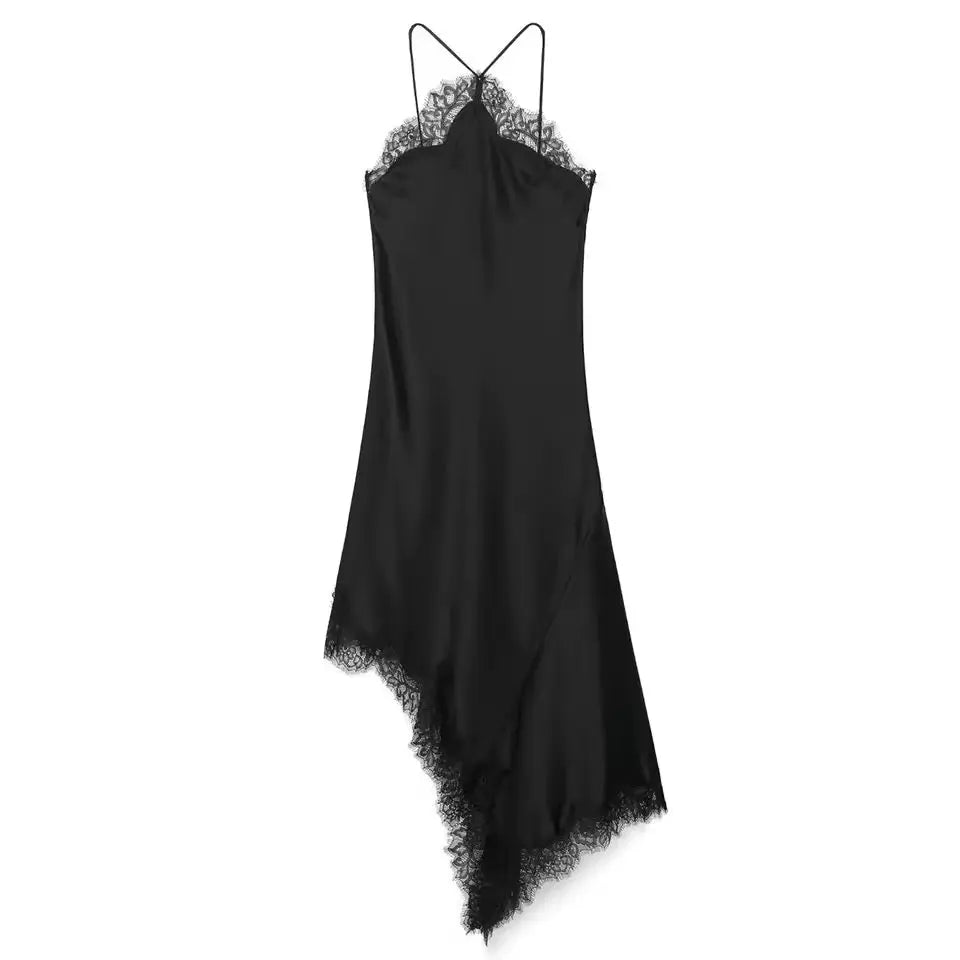 Elegantes Satin Slip Dress in Schwarz mit feiner Spitzenverzierung | Miraee Paris