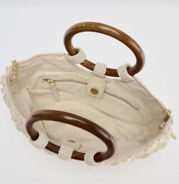 Boho Chic Perlmutt-Tasche mit Holzgriffen