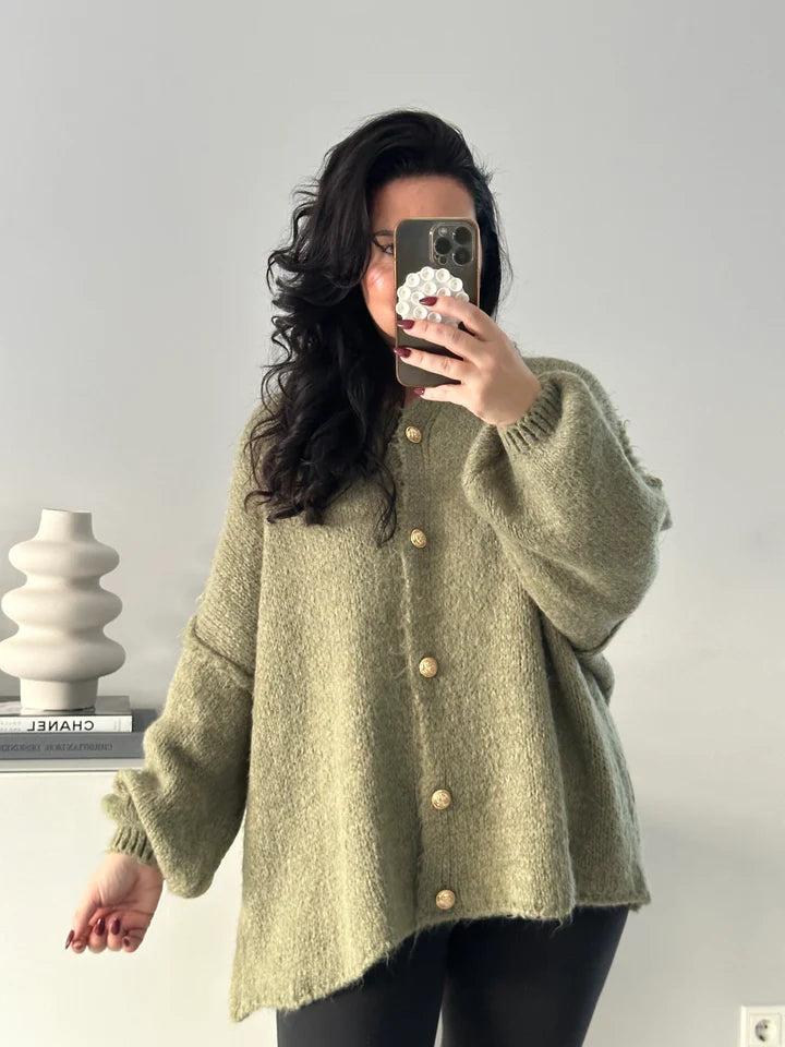Oversize Damen Cardigan aus weicher Wollmischung – Strickjacke mit Knopfleiste