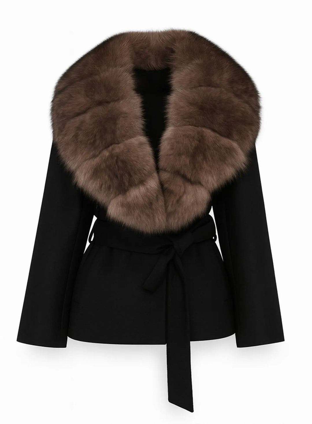 Luxuriöse Damenjacke mit echtem Fuchspelzkragen – schwarze Wolljacke mit Bindegürtel | Miraee Paris