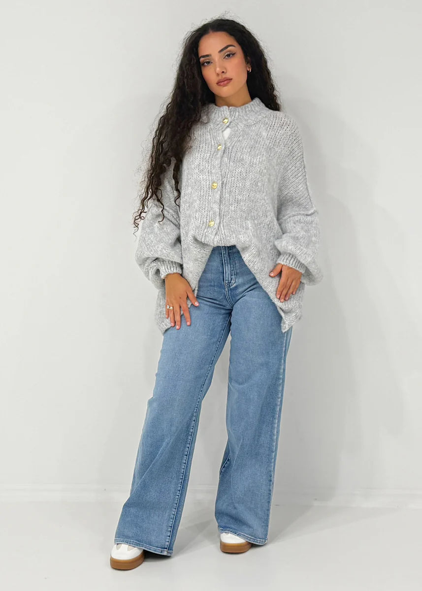 Oversize Damen Cardigan aus weicher Wollmischung – Strickjacke mit Knopfleiste