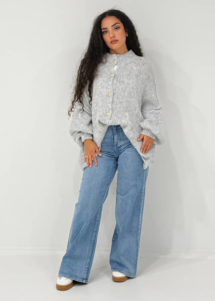 Oversize Damen Cardigan aus weicher Wollmischung – Strickjacke mit Knopfleiste