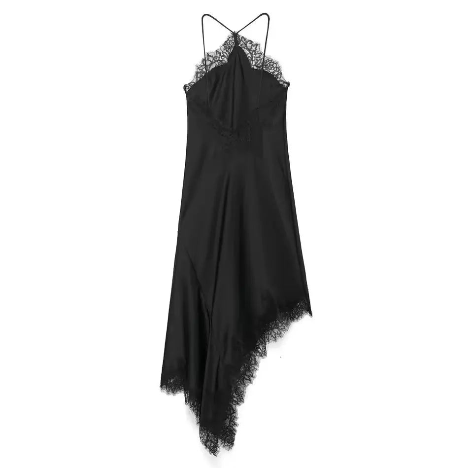 Elegantes Satin Slip Dress in Schwarz mit feiner Spitzenverzierung | Miraee Paris