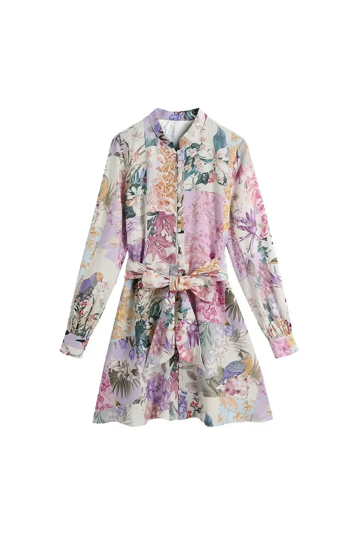 Lena Floral Mini Dress – Vintage Kleid mit Gürtel und langen Ärmeln