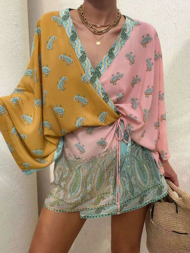 Boho Paisley Wickelbluse – V-Ausschnitt Kimono-Ärmel Strand Cover-Up Top