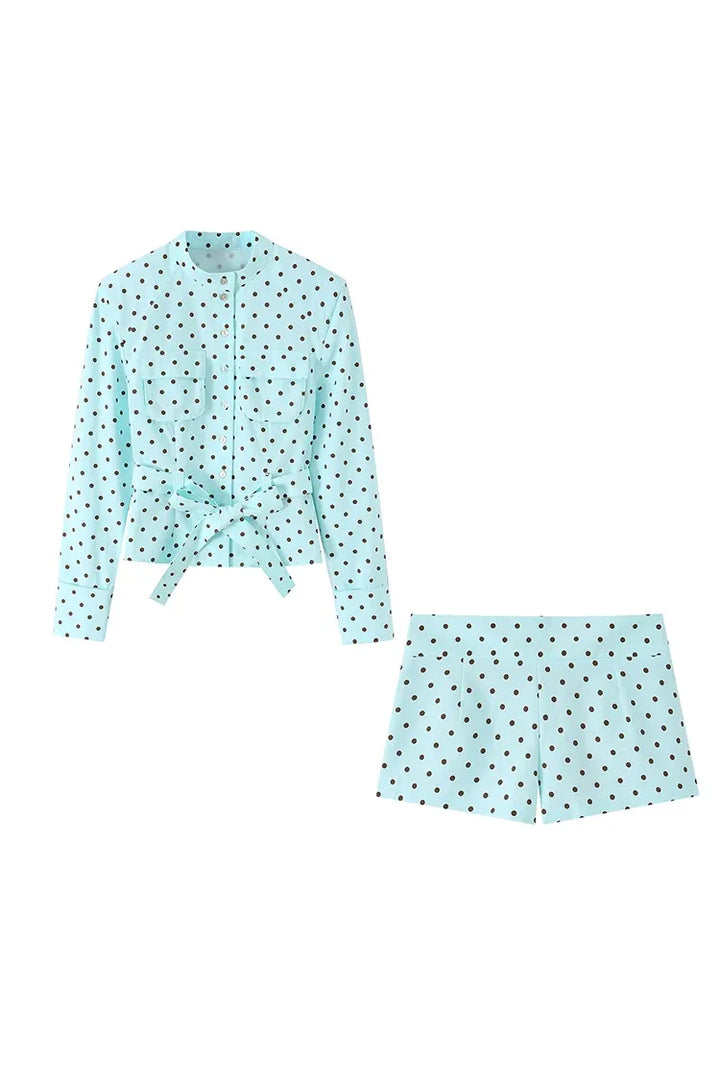 HH 2026 Spring Summer French Polka Dot 2 Piece Set Women Belted Long Sleeve Shirt Shorts Elegant Casual Business Outfit