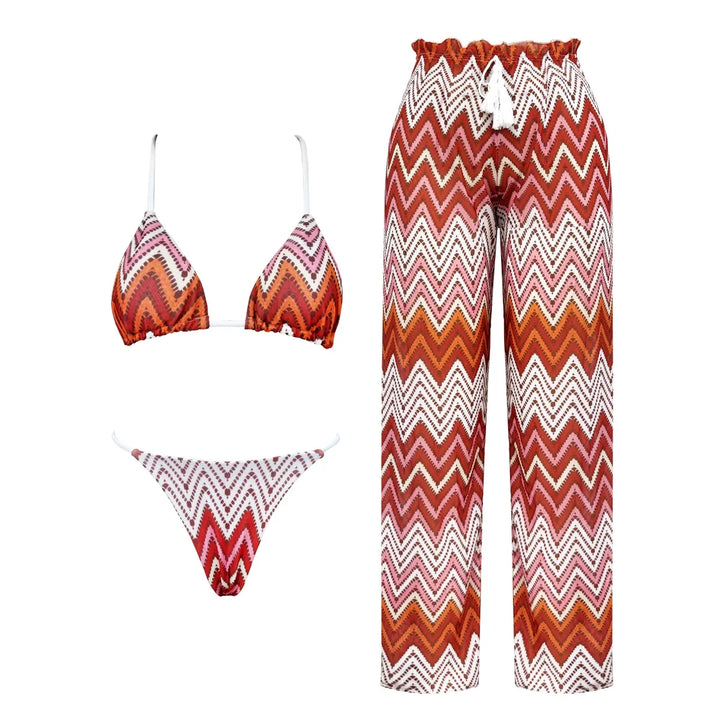3-teiliges Striped Bikini Set mit Mesh Cover-Up