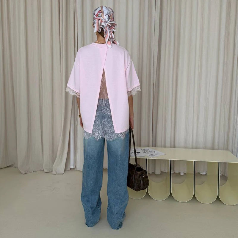 Éliane Lace Tee – Lässiges Patchwork‑T‑Shirt mit Spitzendetails