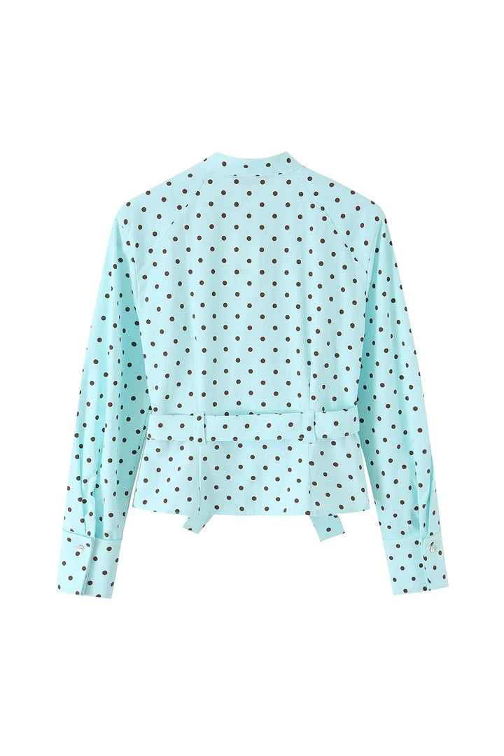 HH 2026 Spring Summer French Polka Dot 2 Piece Set Women Belted Long Sleeve Shirt Shorts Elegant Casual Business Outfit