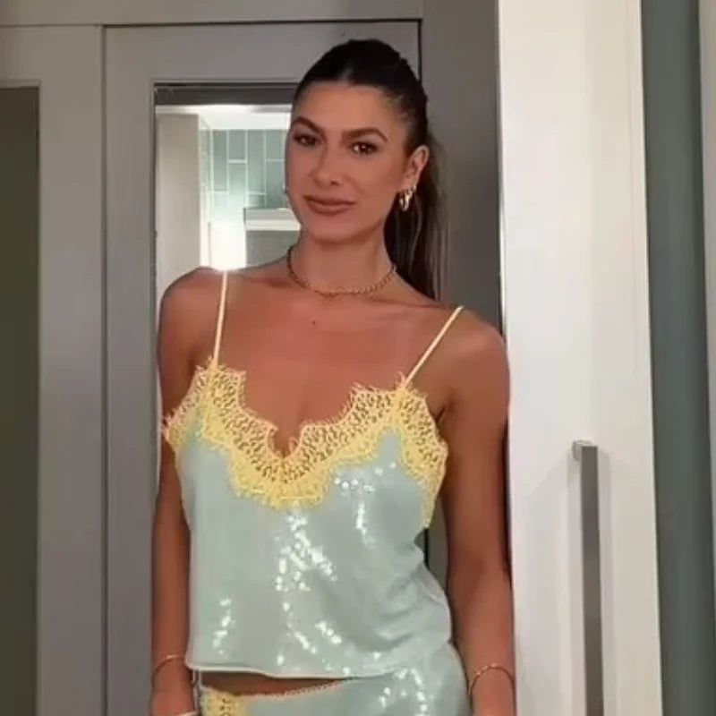 Sexy Women's Lace Sequined Vest Short Skirt Sets V-neck Backless Crop Sling Tops Mini A-line Skirt 2026 Summer Lady Beach Suit
