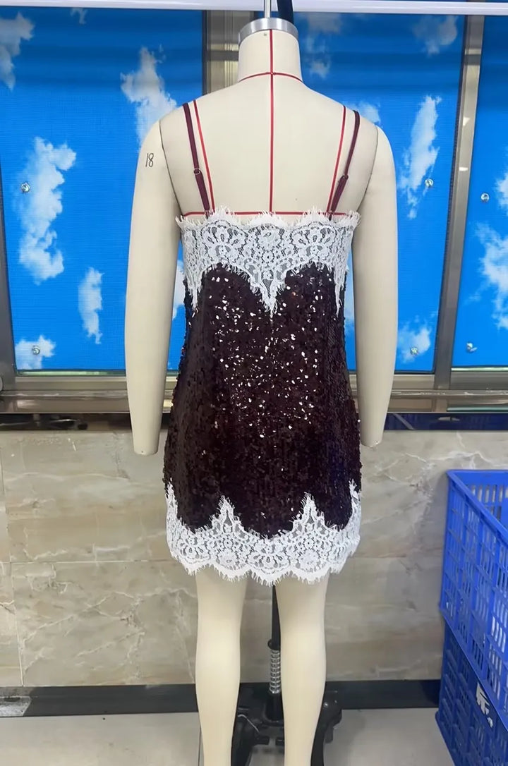 Women Shinny Sleeveless Spaghetti Strap Dress Summer Sequin Sparkly Lace Patchwork V-Neck Party Club Mini Dress Night Gown