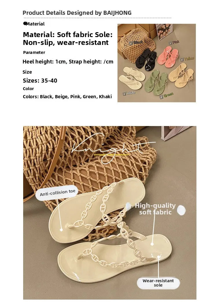 Anti-Slip Flat Sandals Women's Outdoor Beach Slippers Crystal Rhinestone Thong Slippers PVC Material Comfortable Casual Shoes