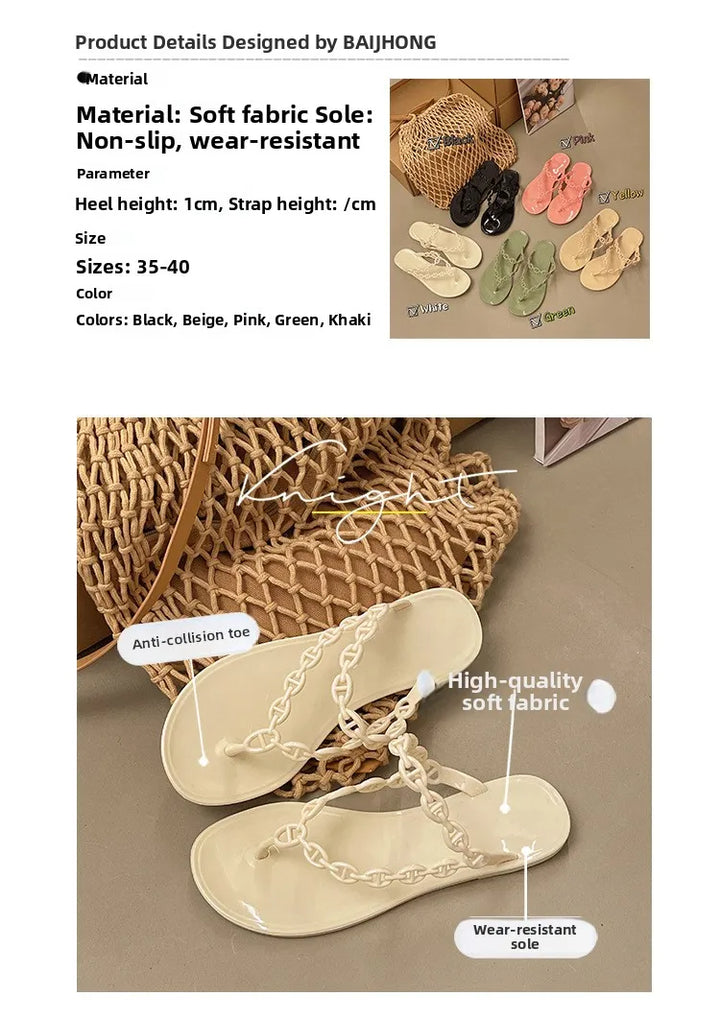 Anti-Slip Flat Sandals Women's Outdoor Beach Slippers Crystal Rhinestone Thong Slippers PVC Material Comfortable Casual Shoes