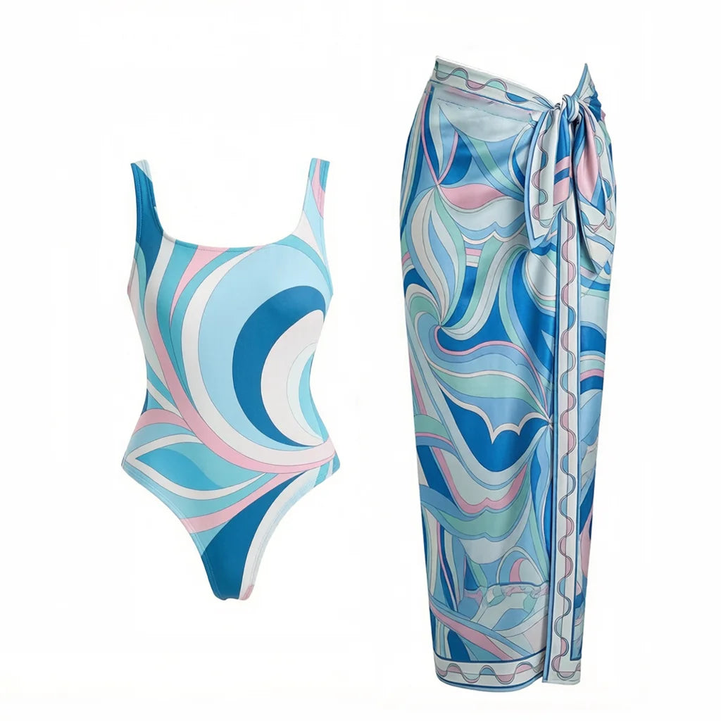 Vintage Print Long Sleeve Swimsuit Set