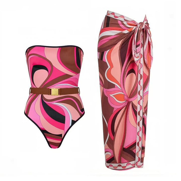 Vintage Print Long Sleeve Swimsuit Set