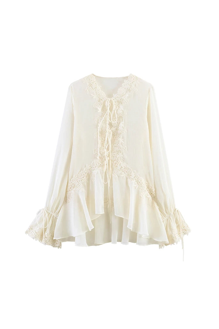 Elegante Spitzenbluse mit Volantärmeln & Bindeband – Semi-Transparente V-Ausschnitt Damenbluse