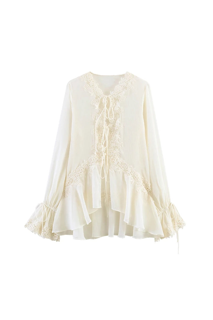 Elegante Spitzenbluse mit Volantärmeln & Bindeband – Semi-Transparente V-Ausschnitt Damenbluse