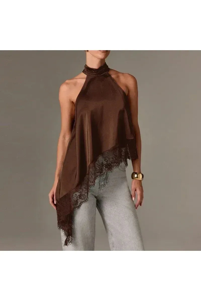 LUNA - Satin Lace Neckholder Top – Elegantes Abend Crop Top