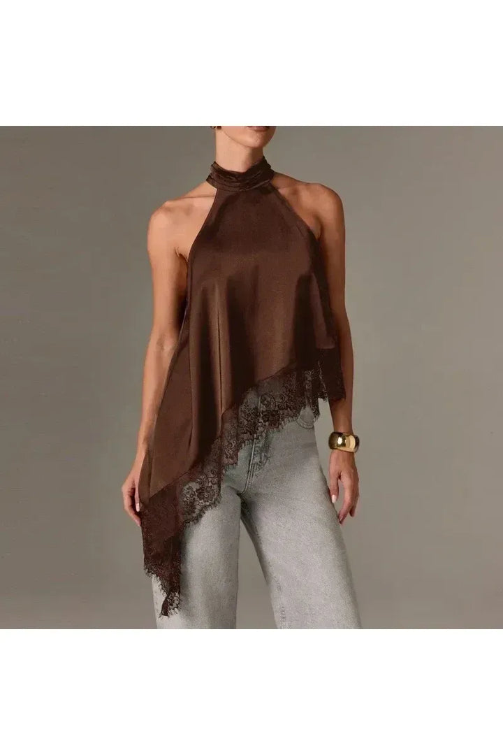 LUNA - Satin Lace Neckholder Top – Elegantes Abend Crop Top