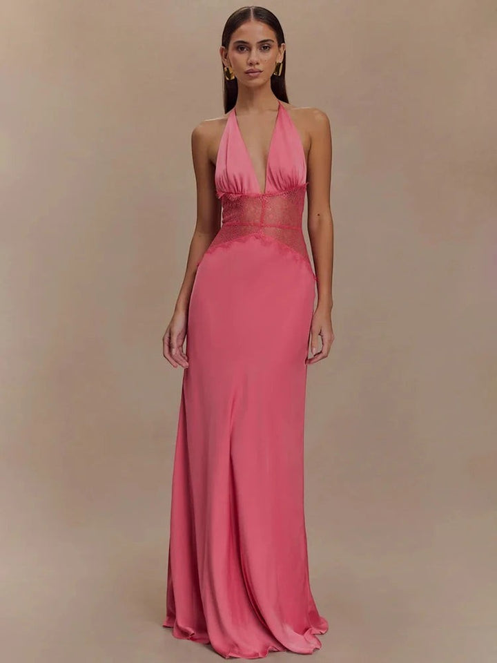 Mozision Summer Backless Sexy Maxi Dress Women Gown Patchwork Lace Halter Deep V Neck Sleeveless High Waist Elegant Long Dress