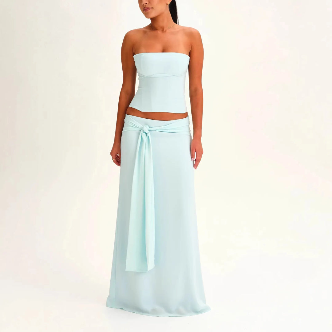 Solid Thin Skirts Set for Women Lace Up Strapless Tight Top Low Waist Straight Skirt 2026 NEW Summer Vacation Party Lady Outfit