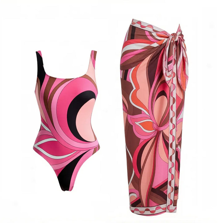 Vintage Print Long Sleeve Swimsuit Set