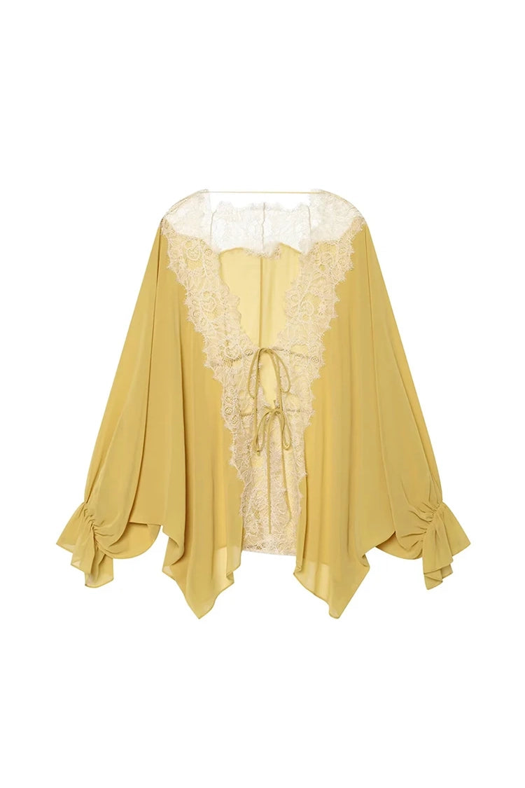 Romantische Spitzenbluse mit Laternenärmeln & Bindeband – Elegante Damenbluse