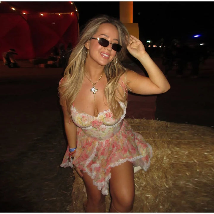 Women's Sexy Floral Print Sling Mini Dress Sleeveless Lace-Up Slim A-Line Summer Solid Color Dress Chic Vacation Gown