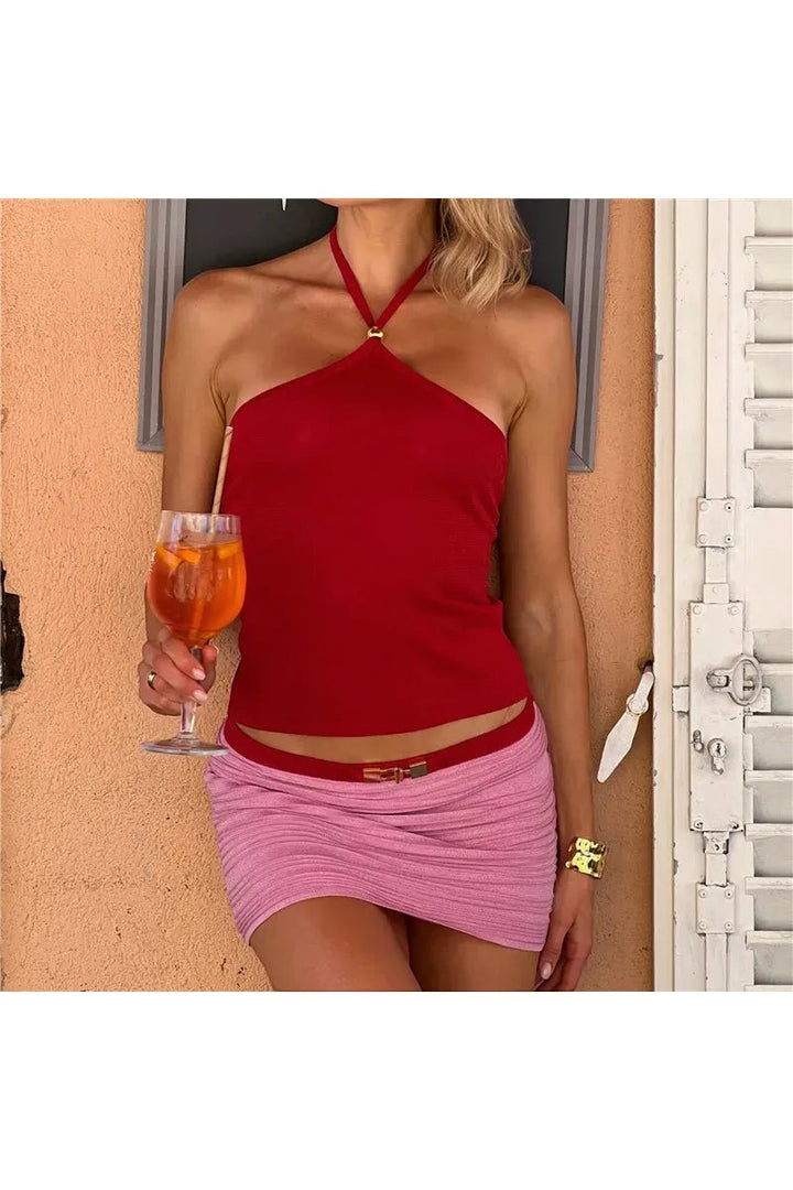 Halter Crop Top & Ruched Mini Skirt Set