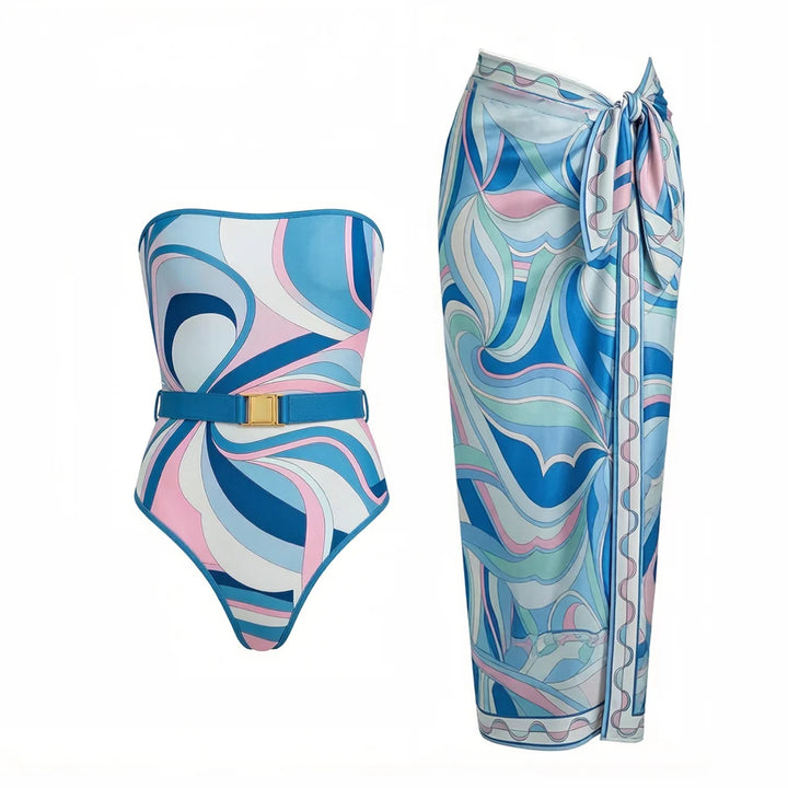 Vintage Print Long Sleeve Swimsuit Set