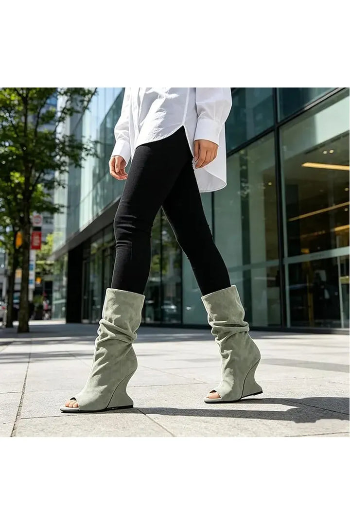 European AndAmerican Hot Girls with Pleated Pile Sleeves,fish Mouth Cool Boots,women's Fashion, Big Tube,sloping Andknight Boots