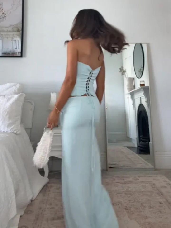 Solid Thin Skirts Set for Women Lace Up Strapless Tight Top Low Waist Straight Skirt 2026 NEW Summer Vacation Party Lady Outfit