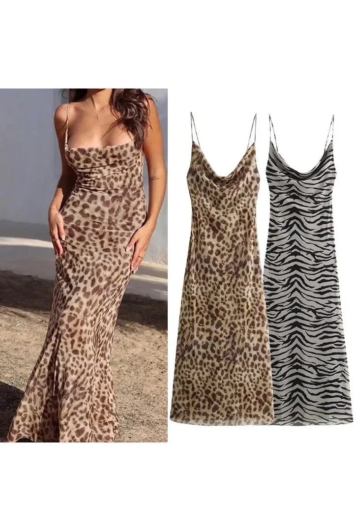 Leopard Print Tulle Slip Dress – Rückenfreies Midikleid