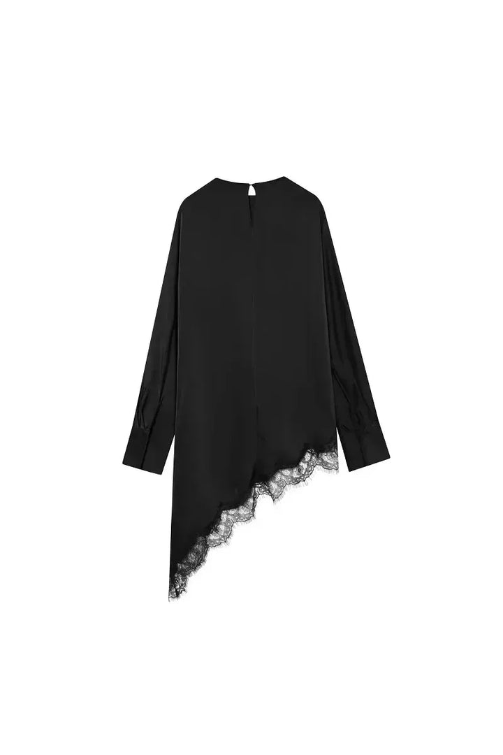 Amelia – Elegante Damen Spitzenbluse asymmetrisch, langarm & schwarz