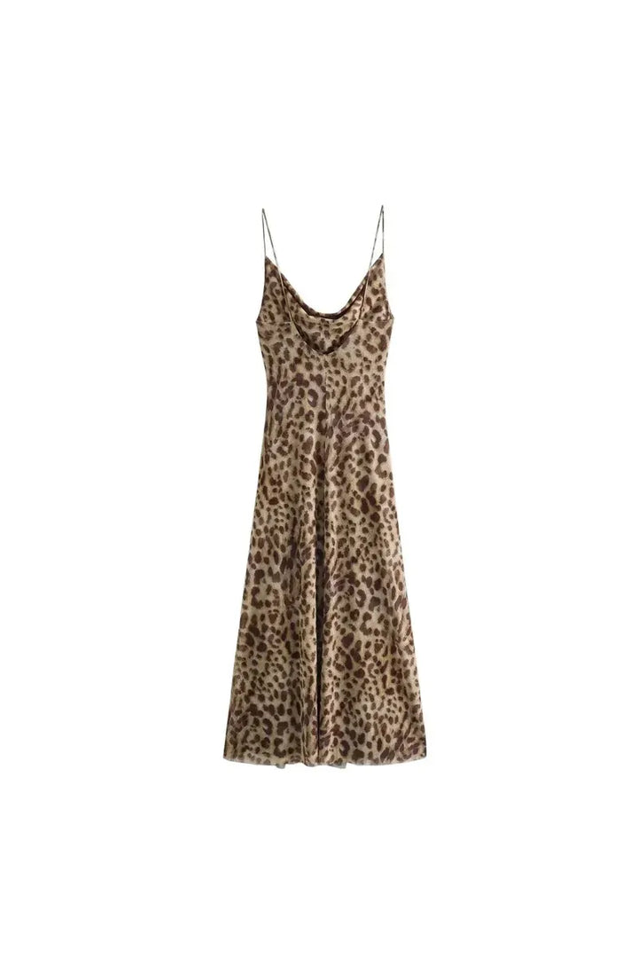 Leopard Print Tulle Slip Dress – Rückenfreies Midikleid