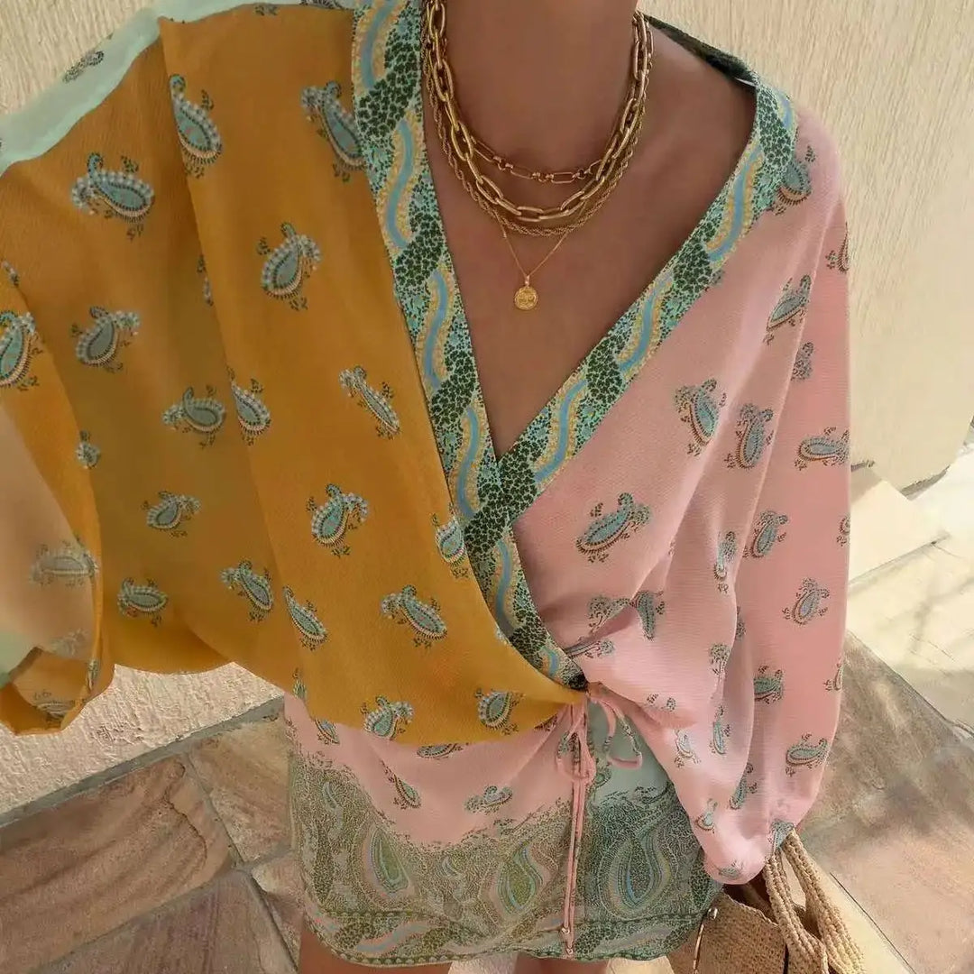 Boho Paisley Wickelbluse – V-Ausschnitt Kimono-Ärmel Strand Cover-Up Top