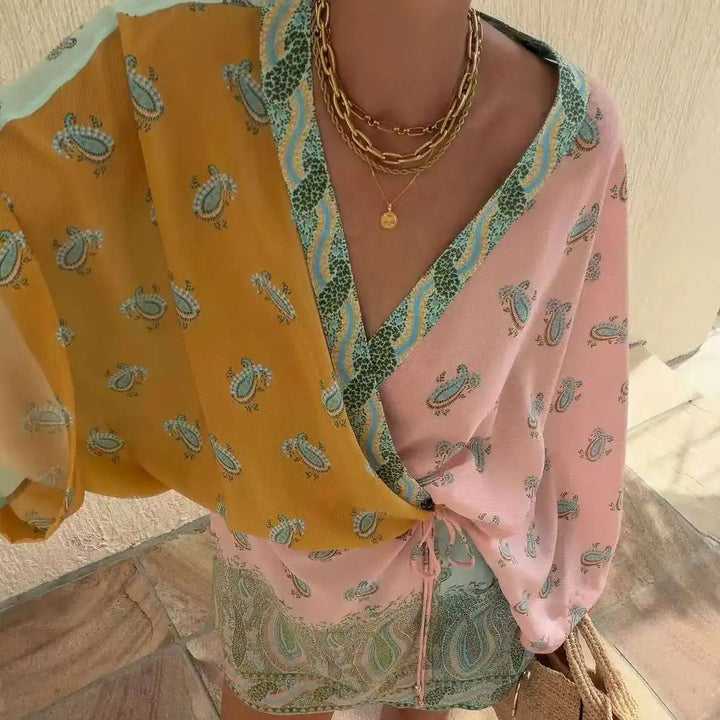 Boho Paisley Wickelbluse – V-Ausschnitt Kimono-Ärmel Strand Cover-Up Top