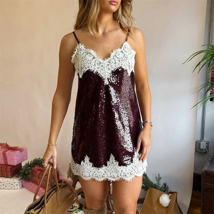 Women Shinny Sleeveless Spaghetti Strap Dress Summer Sequin Sparkly Lace Patchwork V-Neck Party Club Mini Dress Night Gown