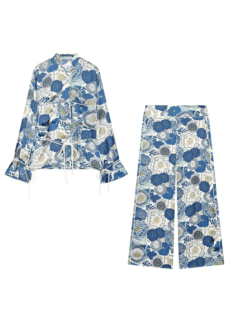 TFMLN Women Blue Flower Print Pant Set Casual Summer Vintage Button Sashes Shirt+ Wide Leg Pocket Long Pants Fashion Suit
