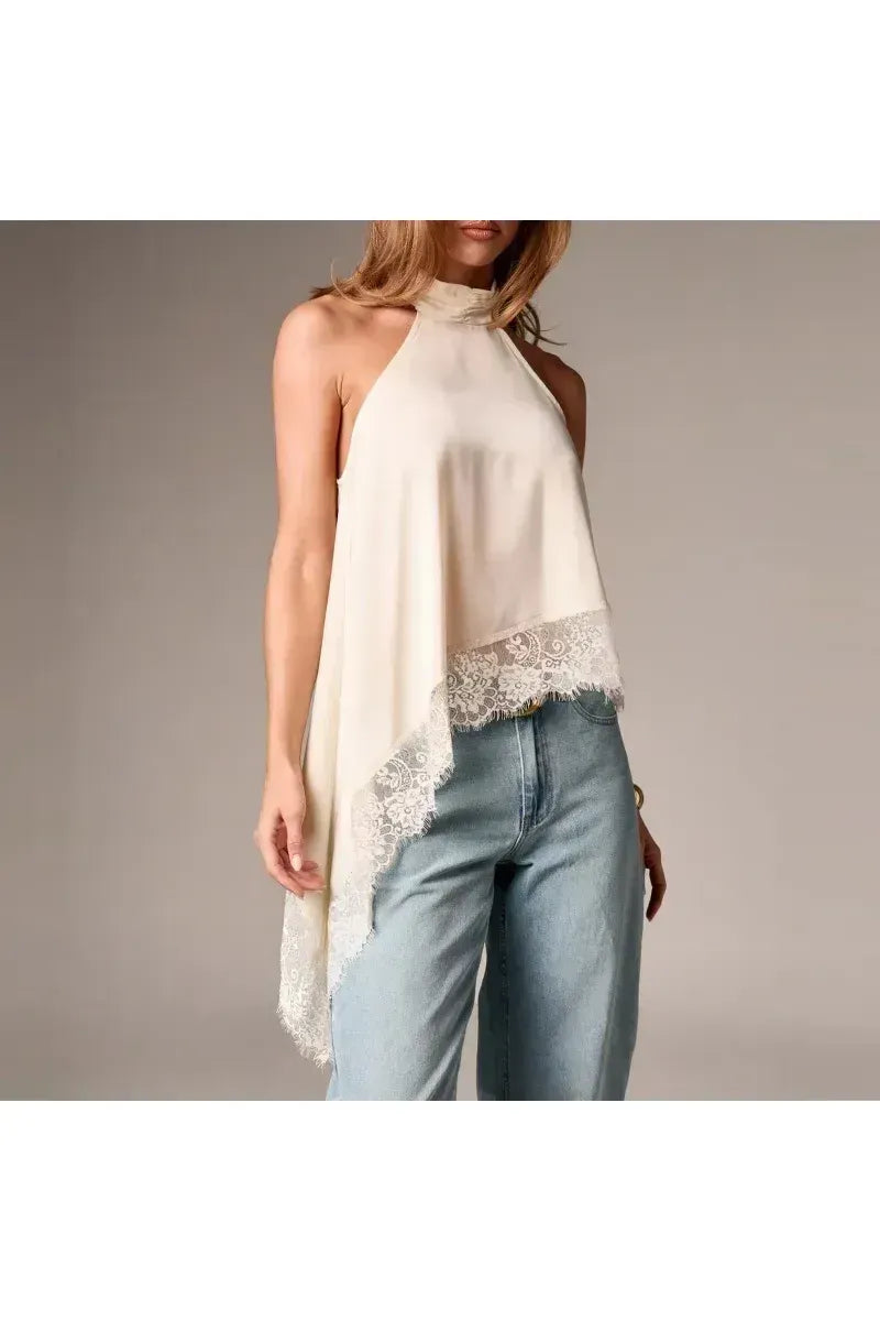 LUNA - Satin Lace Neckholder Top – Elegantes Abend Crop Top