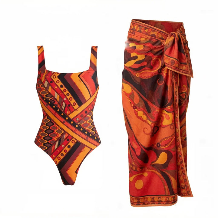 Vintage Print Long Sleeve Swimsuit Set