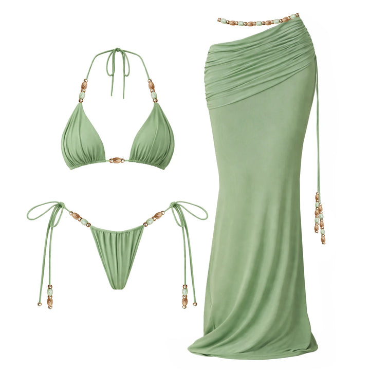 Mia Beads Bikini Set – Sexy 3-teiliges Damen-Badeoutfit mit Mesh-Rock & Cover-Up