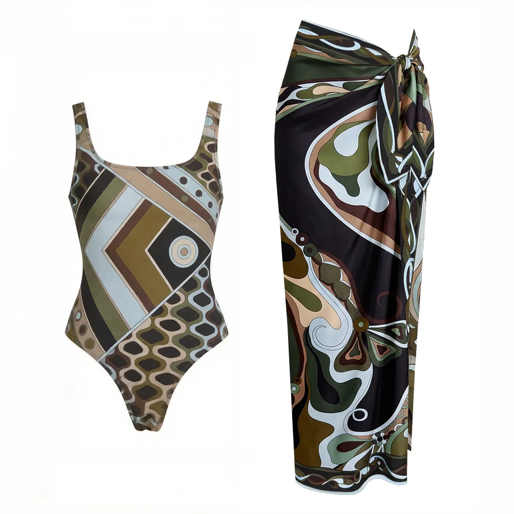 Vintage Print Long Sleeve Swimsuit Set