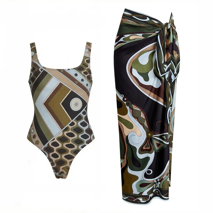 Vintage Print Long Sleeve Swimsuit Set