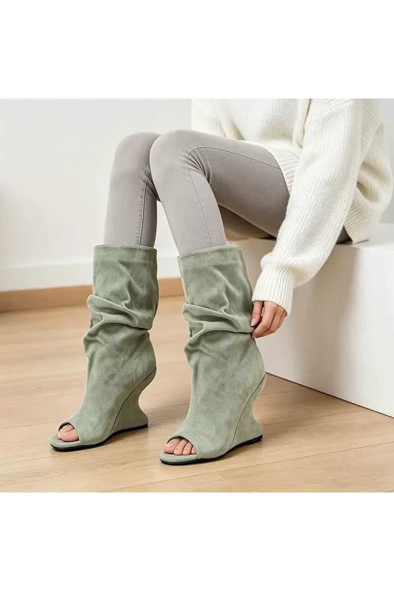 European AndAmerican Hot Girls with Pleated Pile Sleeves,fish Mouth Cool Boots,women's Fashion, Big Tube,sloping Andknight Boots