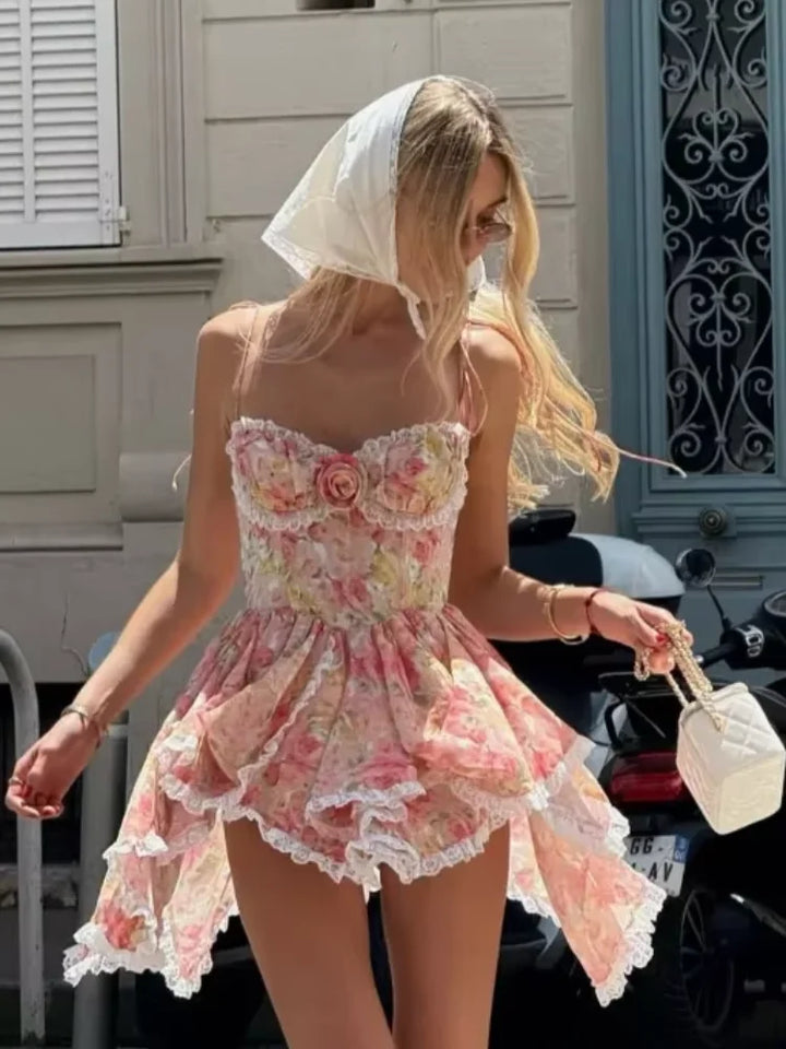 Women's Sexy Floral Print Sling Mini Dress Sleeveless Lace-Up Slim A-Line Summer Solid Color Dress Chic Vacation Gown