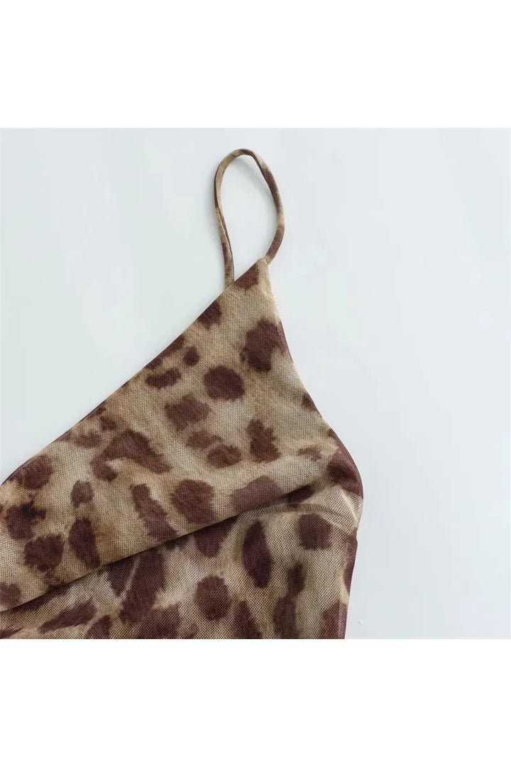 Leopard Print Tulle Slip Dress – Rückenfreies Midikleid