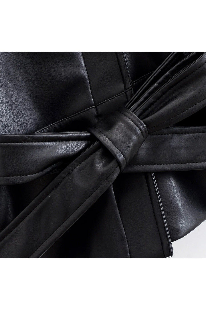 AMARA Vintage Damen Trenchcoat – Schwarze Kunstleder Jacke mit Gürtel