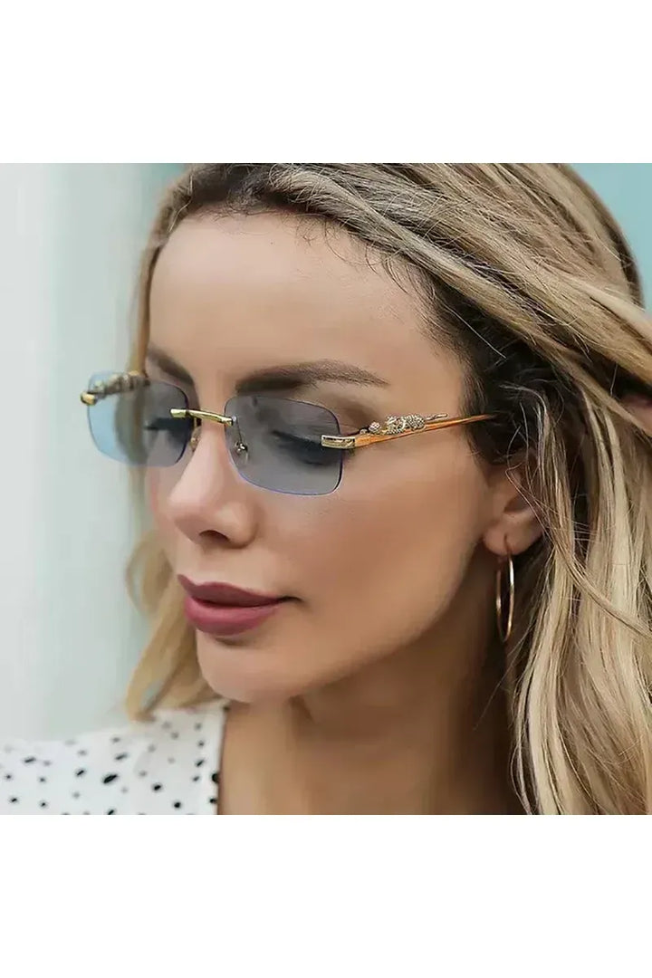 Klassische randlose Sonnenbrille mit Leoparden-Dekoration