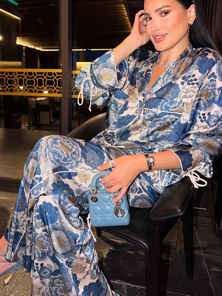 TFMLN Women Blue Flower Print Pant Set Casual Summer Vintage Button Sashes Shirt+ Wide Leg Pocket Long Pants Fashion Suit